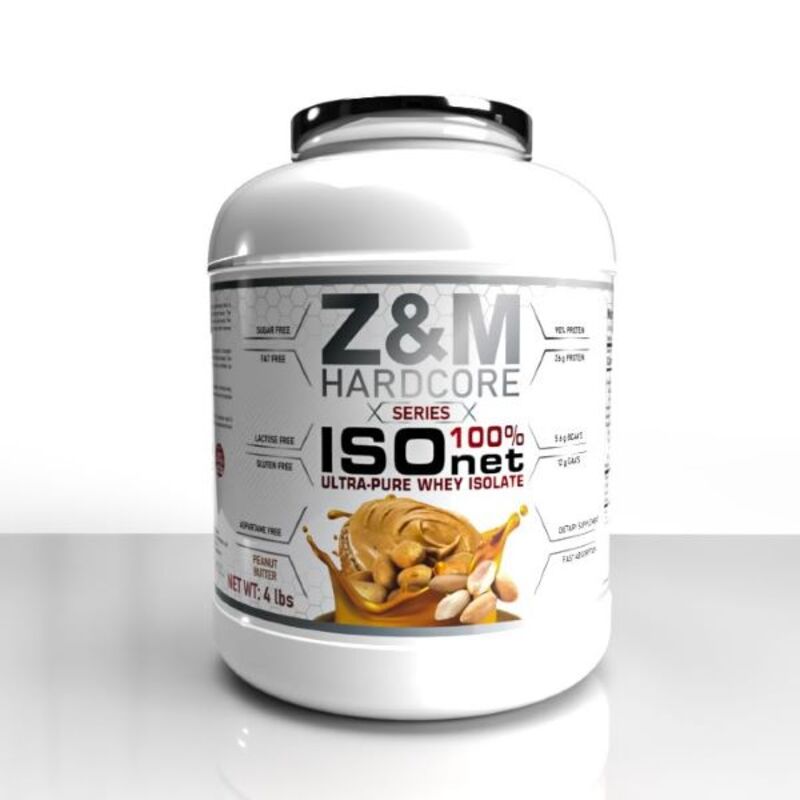 Z&M Hardcore Series 100% Ultra-Pure Whey Isolate 4Lbs Peanut Butter - Sugar Free, Fat Free, Lactose Free, Gluten Free, Aspartame Free.